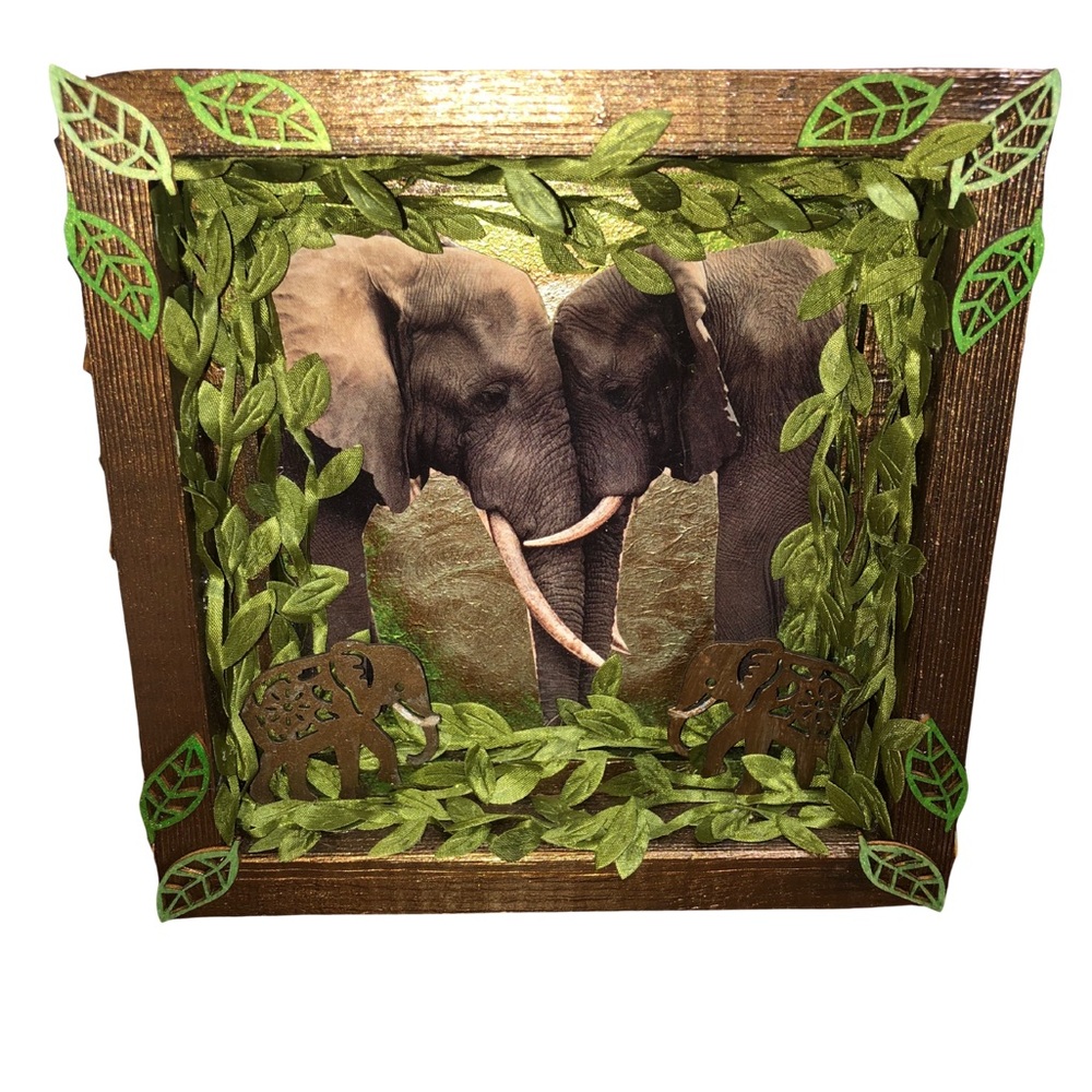 Hand Crafted “Sacred Bond” – 7”x7” Framed Upcycled Multimedia Elephant Art